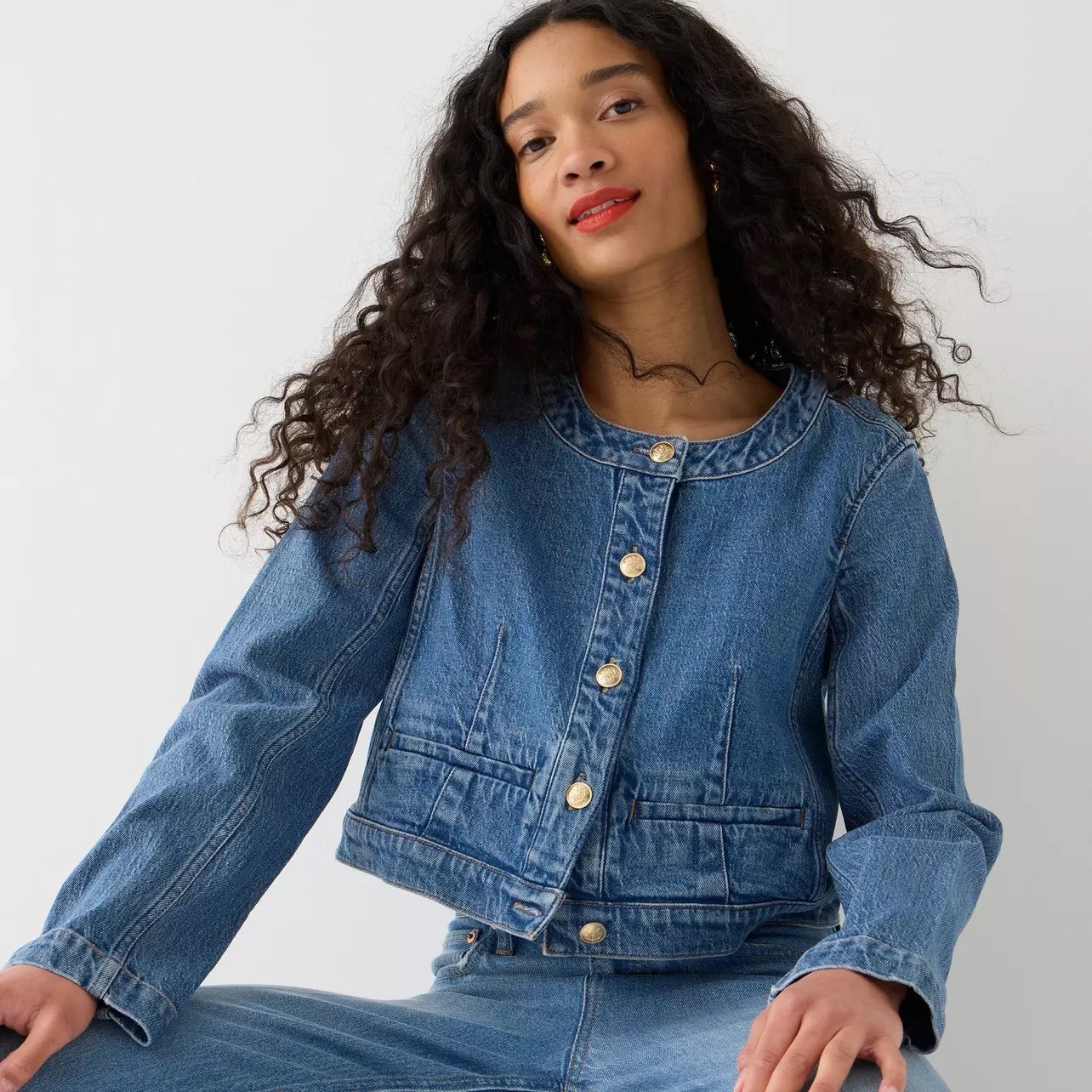 J.Crew Sz 0 Denim Lady Jacket In Dark Bluegold Crest Buttons Cropped Collarless